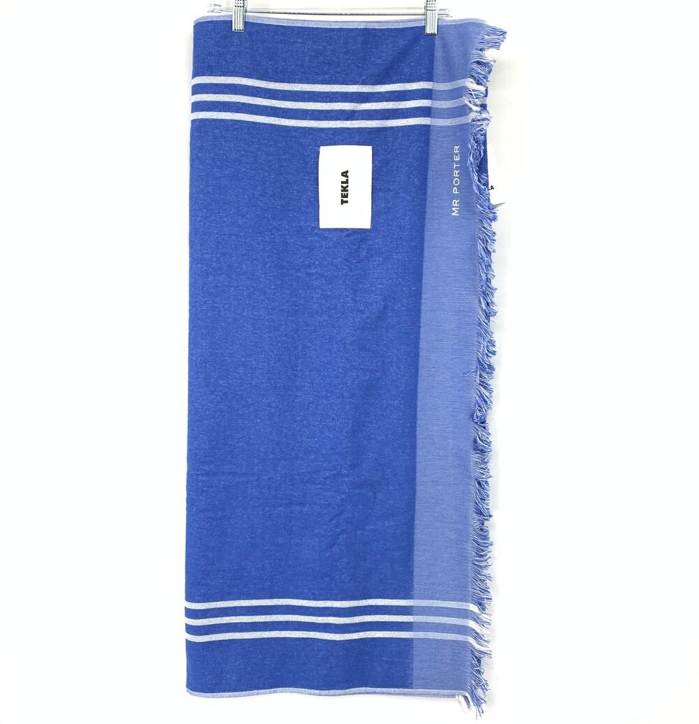 TEKLA x MR PORTER Blue Striped Fringed Beach Towel NWT Embroidered Exclusive